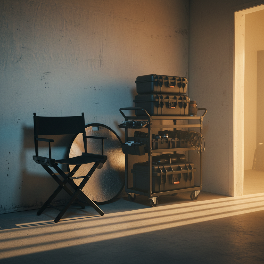 An atmospheric backstage corner of a small film set, featuring a director’s chair with no visible text on the backrest, a folded reflector leaning against a wall, and a camera cart holding neatly organized gear cases. In the background, a partially visible set wall with neutral textures suggests an interior scene. Warm, golden hour light spills in from an unseen doorway, mixing with a subtle, cooler bounce from a reflector, creating layered shadows. Photographic realism, composed with the rule of thirds at eye level, with moderate depth of field, evoking quiet anticipation just before a shoot begins, ideal for conveying professional, intimate backstage content.