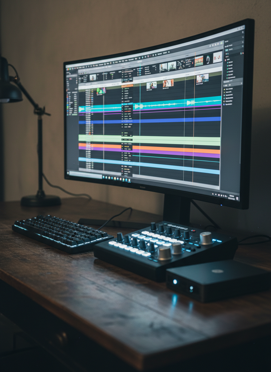 An editing workstation with a large ultra-wide monitor displaying a colorful film timeline, positioned on a dark wooden desk against a neutral wall. The keyboard with worn keycaps, a precision control surface with illuminated dials, and an external drive with a subtle status light create a feeling of intense post-production work. Soft, cool-toned desk lamp lighting mixes with faint ambient screen glow, casting gentle reflections on the desk surface. Photographic realism, captured from a three-quarter angle, with a shallow depth of field that keeps the monitor and control surface sharp while the background fades, conveying concentration, precision, and the invisible craft of film editing.